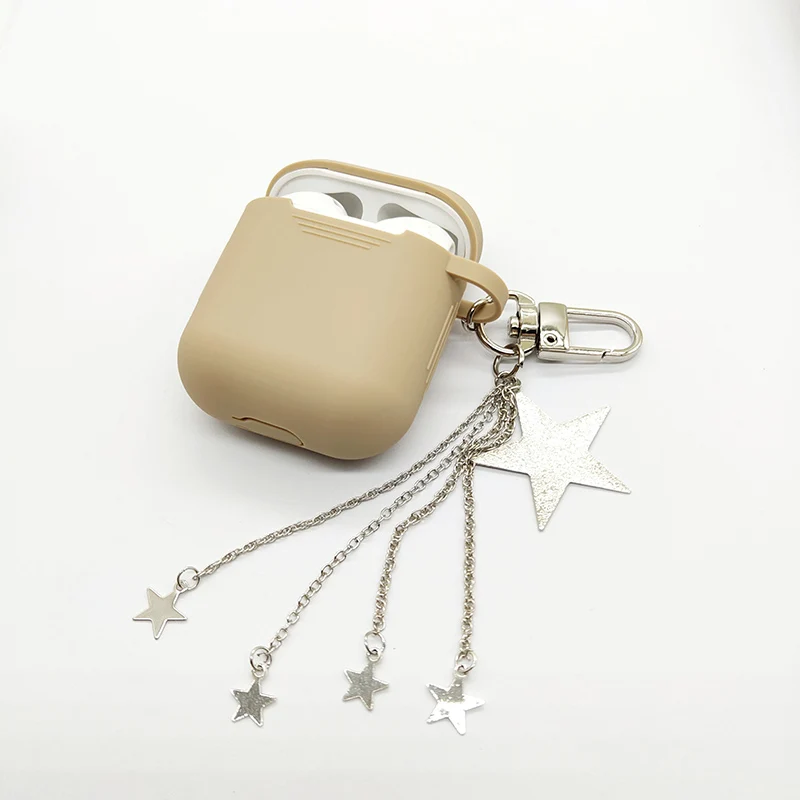 Khaki Luxury Cute Sliver Pentagram Metal Keychain Wireless Earphone Silicone Case For Airpods 1 2 Accessories Headphones Protect Cover - Цвет: Khaki
