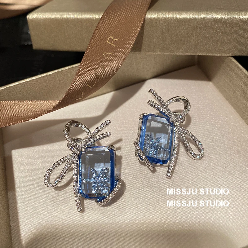 

Drop Earrings For Women Solid 925 Needles Retro Blue Sweet Bowknot Cute Box Fine Jewelry Super Shining Drop shipping