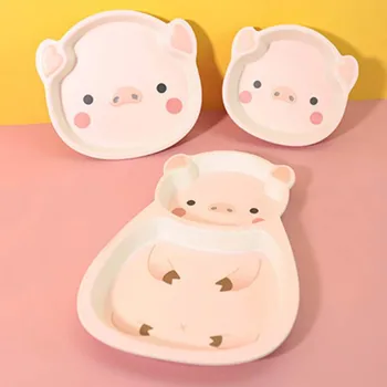 

Baby Tableware Natural Bamboo Fiber Lovely Pig-shaped Plate Bowl Divider Spoon Cup Baby Feeding Dish Baby Specia tableware