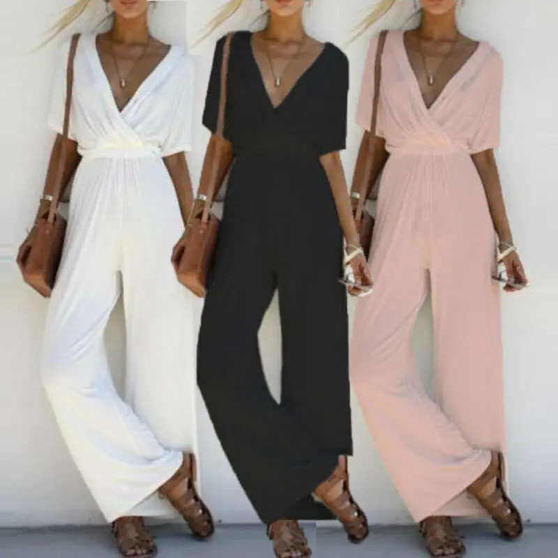 

Women Fashion Summer Short Sleeve Wide Legs Boho Long Jumpsuit Romper Trousers Clubwear Party Suit