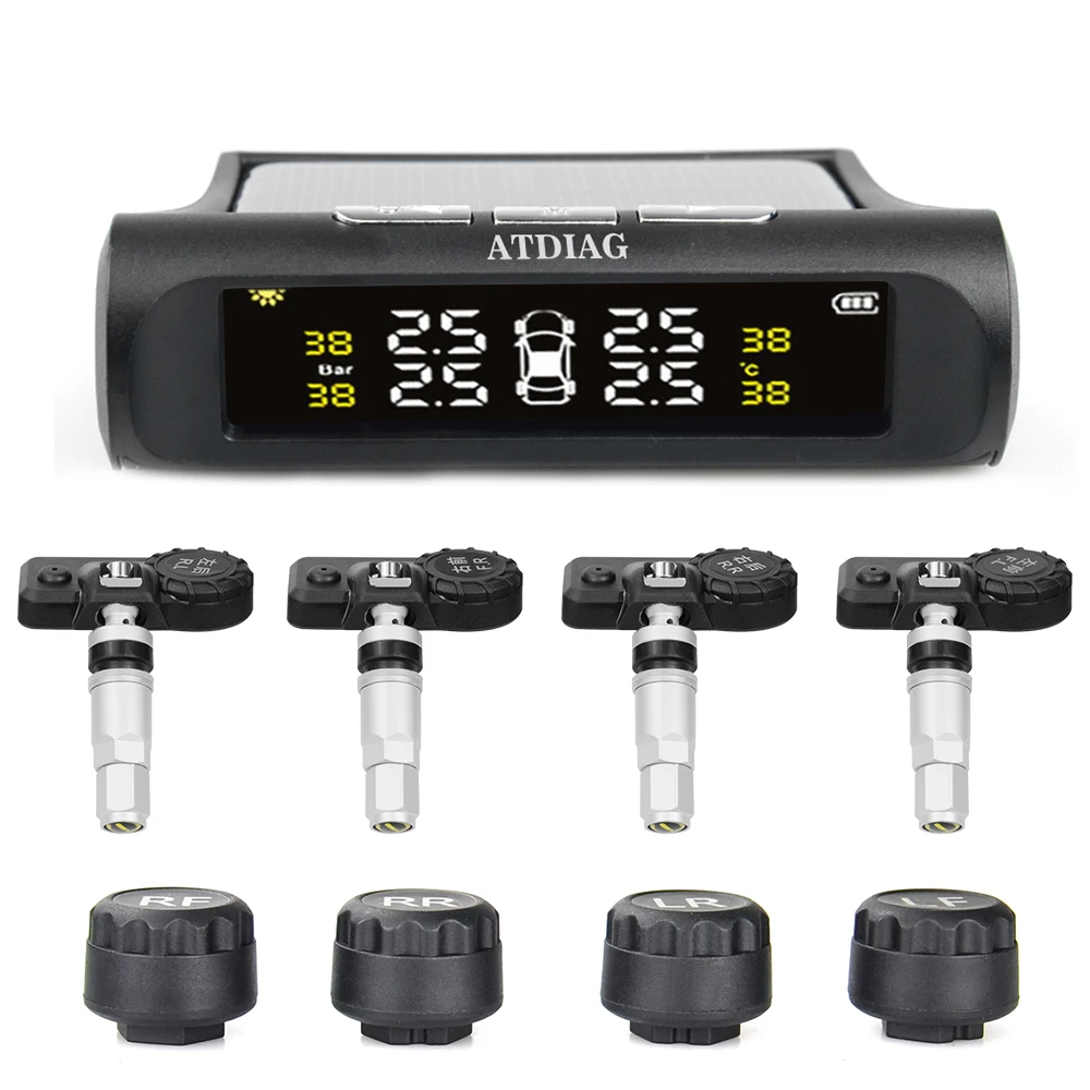 TPMS Wireless Tire Pressure Monitoring System Solar Power Clock LCD Display 4 External/Internal Sensor Tire Pressure Sensors