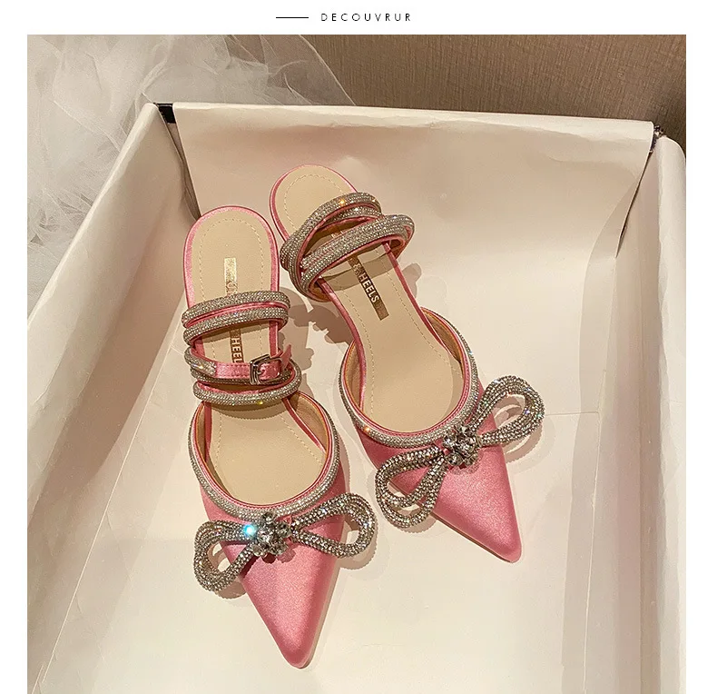 Fashion Style Glitter Rhinestones Women Pumps Crystal Bow 8 Cm Summer Lady Shoes Genuine Leather High Heels Party Prom Shoes