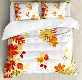 

Fall Duvet Cover Set Autumn Themed Pattern Chestnut Oak Maple Leaves and Berries Corner Design Elements Bedding Set Multicolor