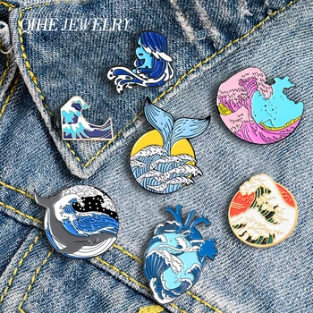 

QIHE JEWELRY Wave Whale Series Enamel Lapel Pins Blue Ocean Brooches Badges Fashion Heart Pins Cute Gifts for Friends Wholesale