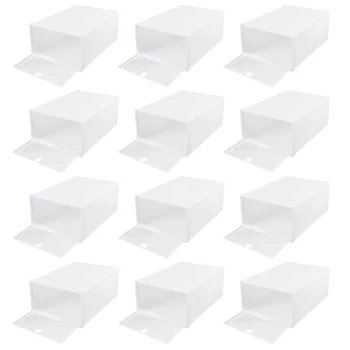 

12PCS Thicken Shoes Box Transparent Stackable Shoes Storage Box Plastic Shoe Container - Size S (White)