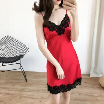 

Summer Dress For Women Silk Satin Sleeveless Nightgown Sexy Lace Trim Nightdress Soft Sleepwear Homewear With Chest Pads