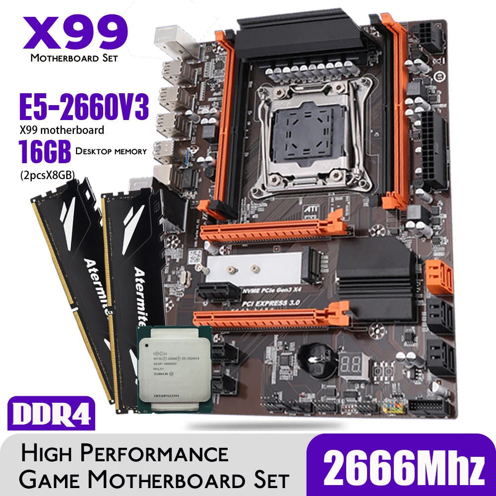 Комплект материнской платы Atermiter X99 Turbo DDR4 D4 с процессором Xeon E5 2660 V3 LGA2011-3 2 шт. X 8 ГБ =