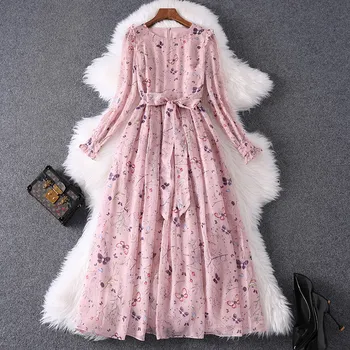 

New Spring Dresses for Women 2020 Fashion Clothes Long Sleeve O Neck Flower Print Lace Up Mid Calf Casual Chiffon Dresses