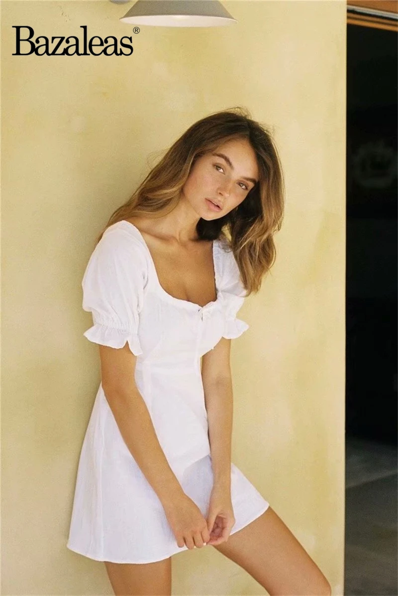 Bazaleas винтажное хлопковое женское платье для праздника vestidos шикарное тонкое белое пляжное платье ретро центр Бандажное женское платье es