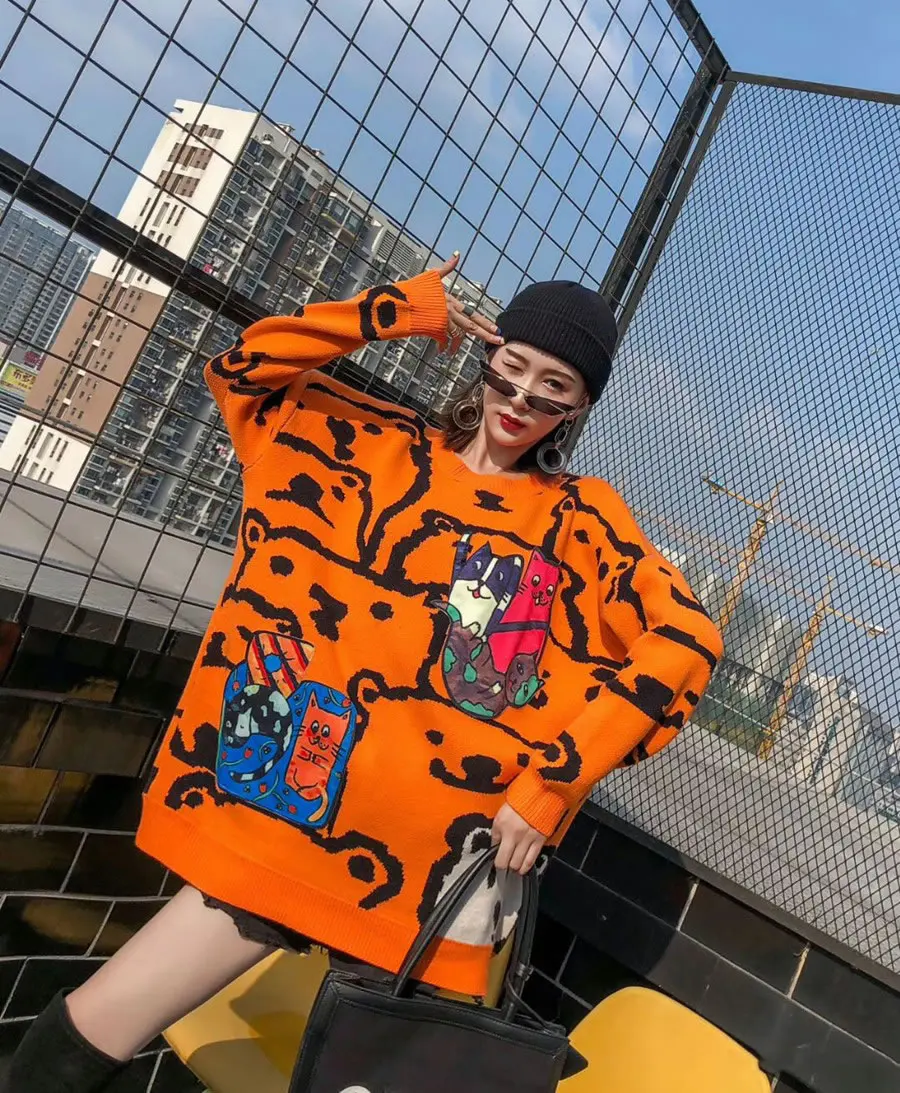 HG Tide бренд мультфильм патч женский свитер свободного размера плюс пуловер Женская мода уличная одежда Ленивый Oaf трикотаж осенний Топ XJ2315