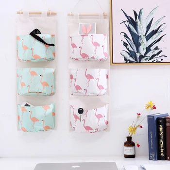 

3 Pockets Hanging Storage Bag Wall Mounted Wardrobe Sundries Hanging Bag Container Flamingo Fabric Cotton Pouch Makeup Organizer