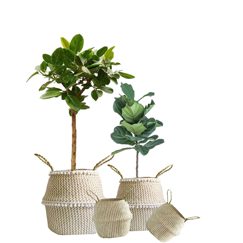

Foldable Handmade Storage Basket Folding Wicker Rattan Seagrass Belly Straw Garden Flower Pot Planter Laundry Basket Home Decor