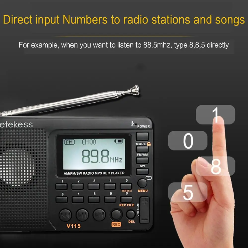 RETEKESS V115 радио FM AM SW портативный Радио Карманный с USB MP3 цифровой рекордер поддержка Micro SD TF карты таймер сна подарок RETEKESS V115 радио FM AM SW портативный Радио Карманный с USB MP3 цифровой рекордер поддержка Micro SD TF карты таймер сна подарок