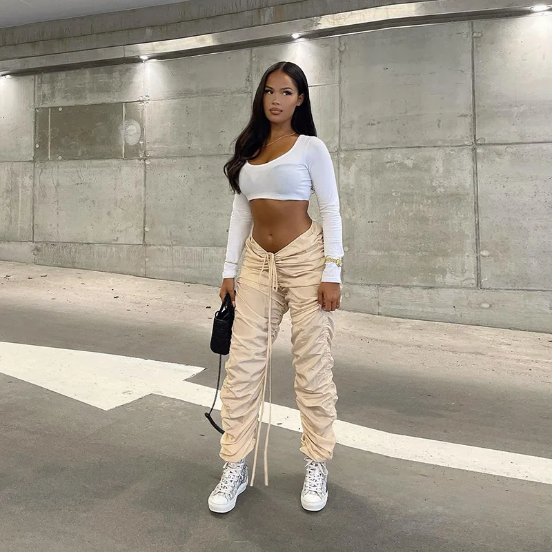 Fashion Streetwear Pleated Drawstring Sweatpants Autumn Jogging V Waist Low Rise Stacked Bottoms Female Trousers Hipster 2021 2021 spring fashion women s genuine leather asymmetrical skirts high quality high rise skirt c594