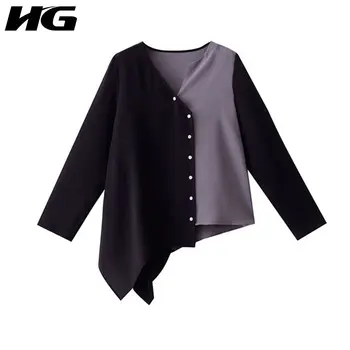 

HG Irregular Splice Shirt Simple Blouse Women V Neck Long Sleeve Contrast Color Womens Tops and Blouses Autumn New 2019 ZYQ1614