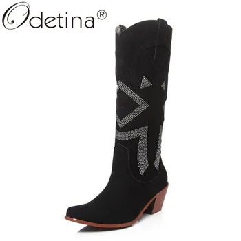 

Odetina Women Fashion Faux Suede Block Mid Heel Square Toe Geometric Mid Calf Boots Female Crystal Sewing Slip On Winter Western