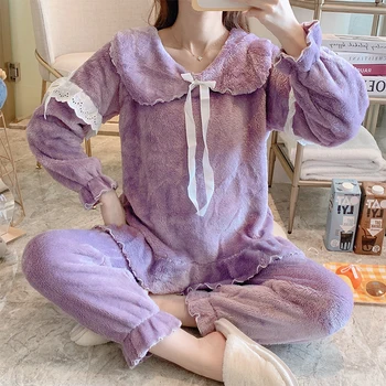 

Lazy Pajamas Coral Fleece Solid Autumn Winter Warm Thicken Flannel Women Pajamas Set Christmas Long Sleeve Women Sleepwear Set