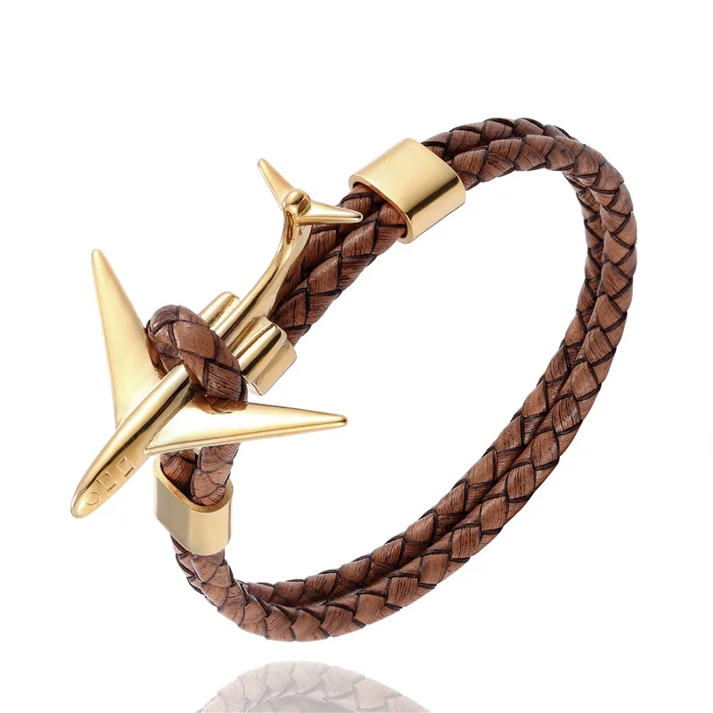 MKENDN, модный ретро кожаный браслет, нержавеющая сталь, самолет, якорь, браслеты для мужчин и женщин, Летний стиль, обёрточная бумага, металлический спортивный крючок - Metal Color: Gold Brown