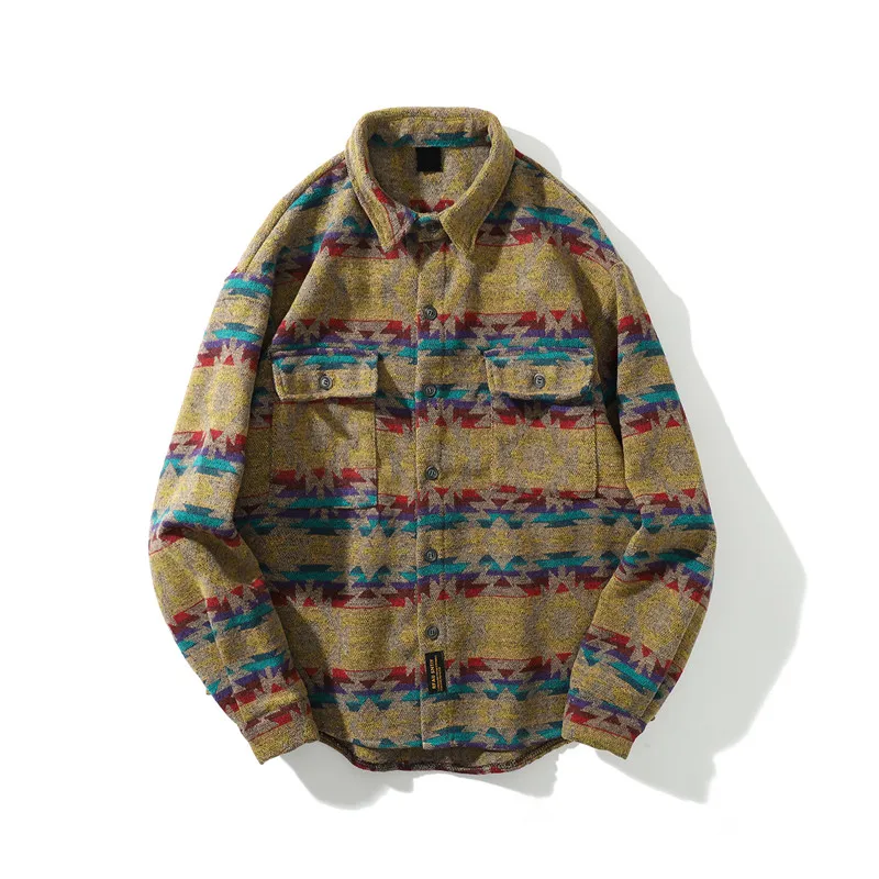 yellow shirt Темный значок отложной воротник японские ретро рубашки мужские свободные повседневные толстые шерстяные лацканы блузка модная верхняя одежда пальто - Цвет: yellow shirt