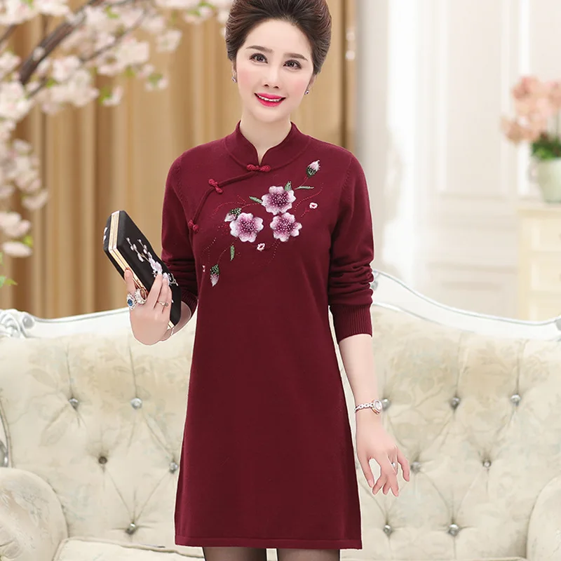

Middle-aged Women's Spring And Autumn Cheongsam Middle-aged Base Shirt Embroidered Mom Marriage Formal Dress Mid-length Dress Sw