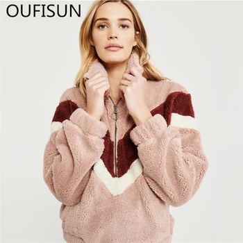 

Oufisun Winter Striped Patchwork Turn Down Collar Sweatshirts Casual Plush Pockets Pullover Women Full Sleeve Zipper Sweatshirts