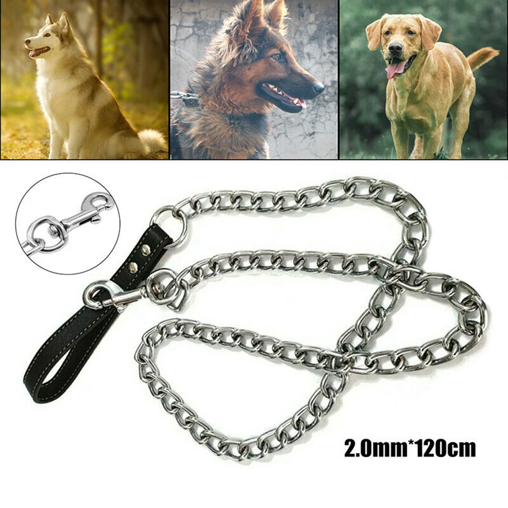 New Heavy Duty Metal Chain Dog Lead With Leather Handle Long Strong Control Leash Outdoor Pet Traction Rope Anti Bite Chain