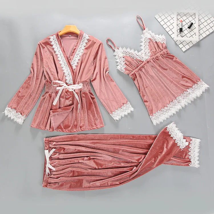Велюровый зимний женский топ на бретелях из 4 предметов, штаны, пижама комплекты одежды для сна, ночная рубашка, Сексуальная Домашняя одежда, кимоно, халат для сна, ночная рубашка
