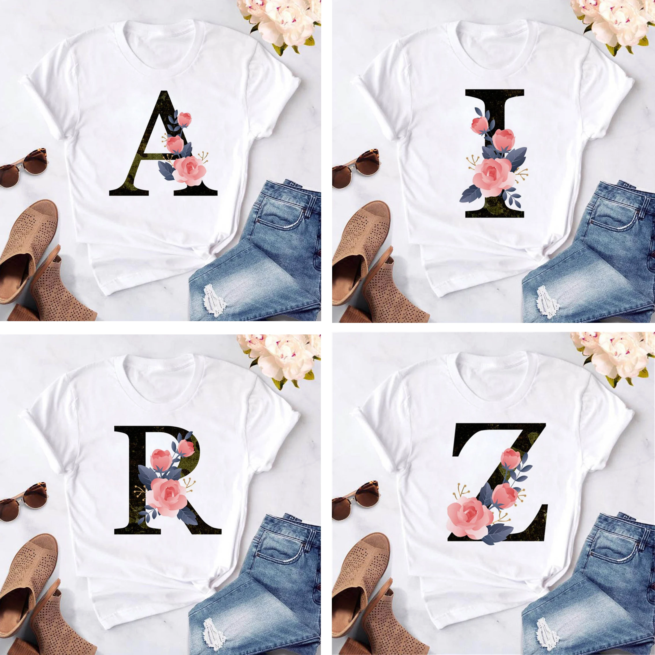 Футболка женская с коротким рукавом Повседневная модная рубашка 26 английскими