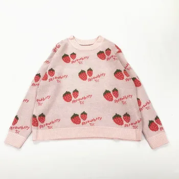 

Sweet Strawberry Pattern Loose Pullover Sweater Oversized Knitwear for Women
