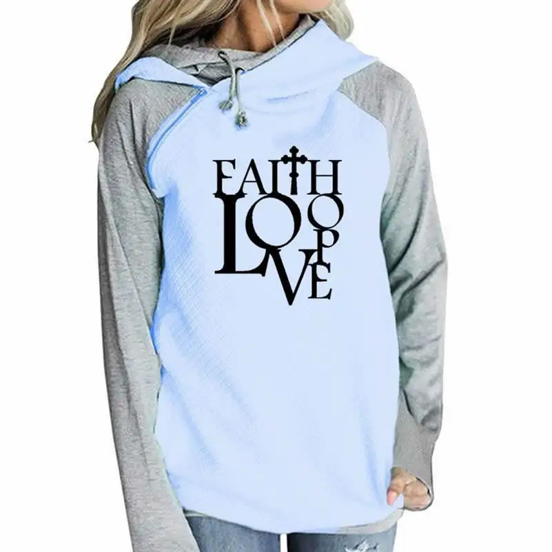 

Cotton Hoodies For Women Zipper Decoration Faith Hope Love Letters Print Women's Sweatshirt Kawaii Femmes Hoody Cute Harajuku