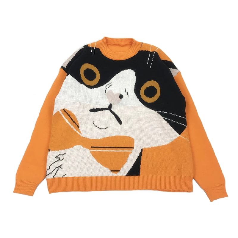 Orange Повседневное свободные Для женщин Новые Cat жаккардовый пуловер, свитер зимний теплый утолщенный с o-образным вырезом вязаный зимний и осенний свитер, пуловер свитер - Цвет: Orange