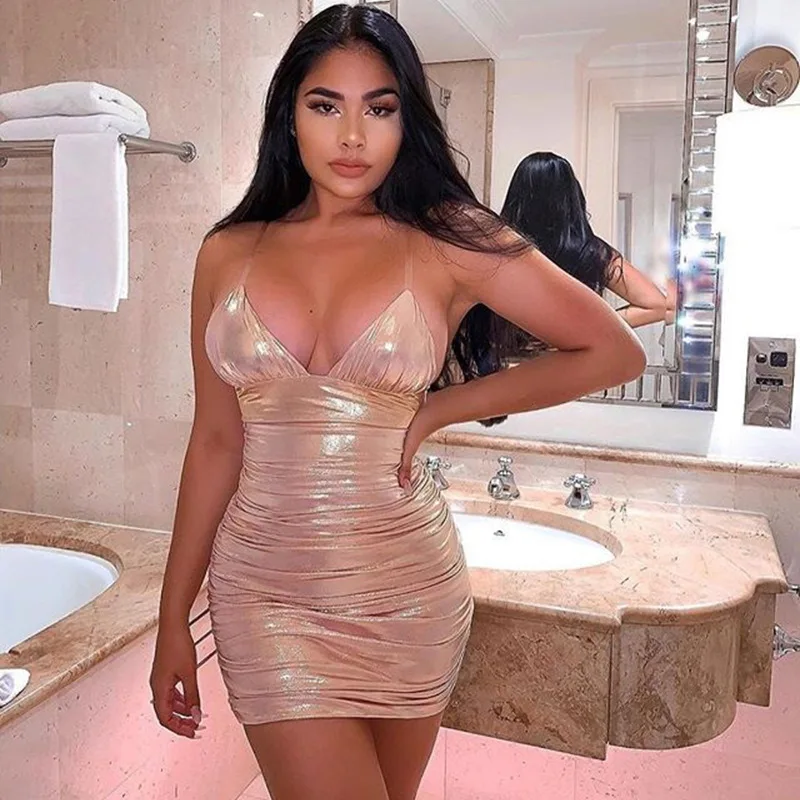 Sexy Spaghetti Strap V Neck Backless Women Party Dress Reflective Pleated Female Clubwear Mini Bodycon Dresses