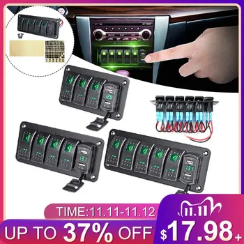 

4/5/6 Gang Rocker Switch Panel Kit 12V/24V Circuit Breaker Green LED Waterproof Marine Rocker Switch Panel Dual USB Slots