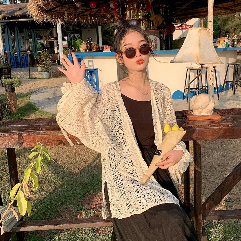 Women Lace Kimono Cardigan Summer Holiday Beach Long Boho Cardigan Korean Sweet Ladies Girls Long Sleeve Beige Lace Shirts Tops