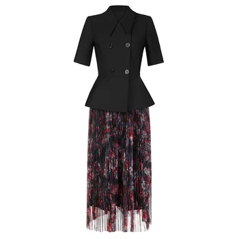 

LANMREM 2020 Spring Summer New Arrivals Turn Down Collar Half Sleeve Double Breasted Solid Pattern Women Ruffles Set AW83101S