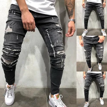 

Popular Slim Fit Hole Ripped Jeans Men Skinny Destroyed Frayed Jeans Ruched Distressed Denim Pencil Pants Autumn Trousers Male