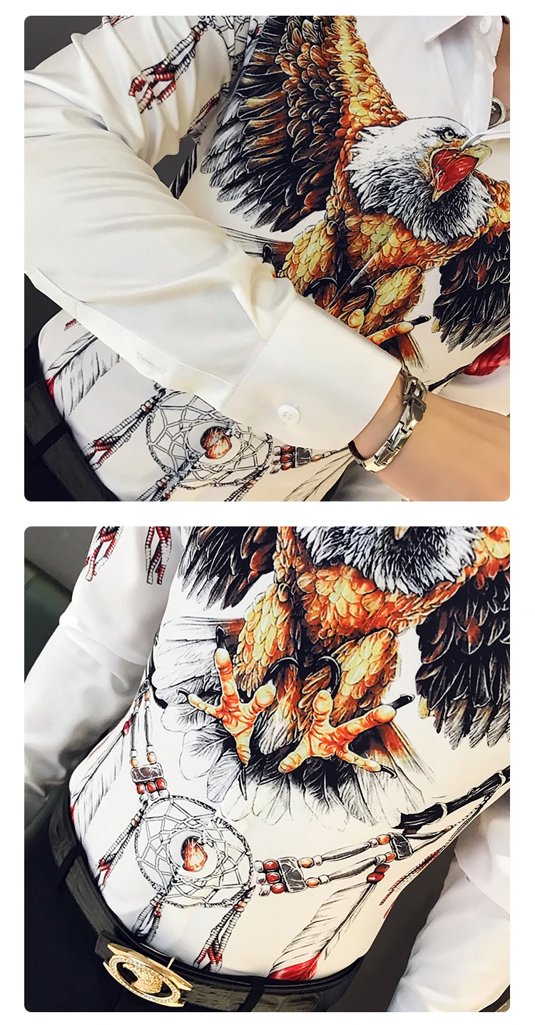 Повседневная Уличная Мужская рубашка с принтом орла, осенние мужские рубашки, Модная приталенная Мужская рубашка с коротким рукавом, Camisa Masculina