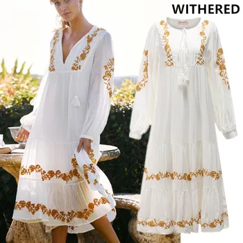 

Withered indle folk bohemian vintage floral embroidery tassels loose dress women vestidos de fiesta de noche vestidos maxi dress