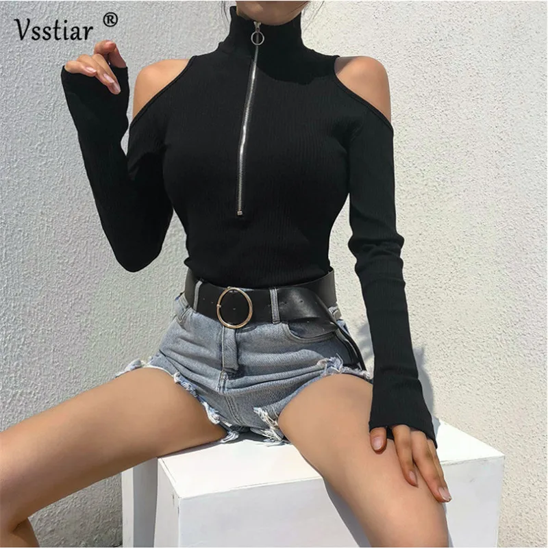 

Vsstiar Women Knitted T-Shirt Sexy Zippers Turtleneck Black Skinny Tops Autumn Winter Long Sleeve Casual Tees Plus Size