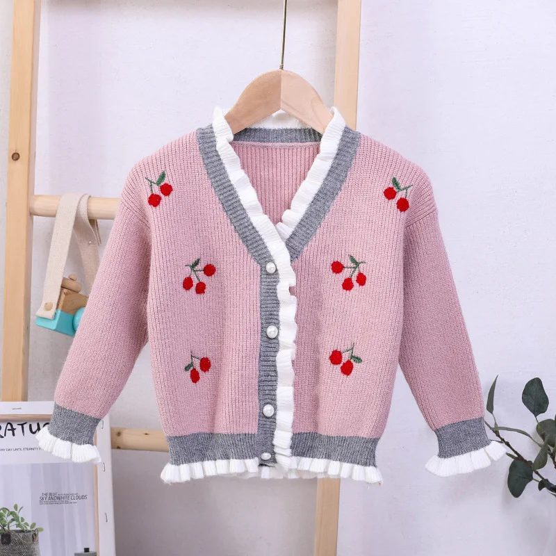 

2019 Autumn And Winter Kids' Sweater Korean-style Embroidered Cherry Baby GIRL'S Knitted Cardigan Coat