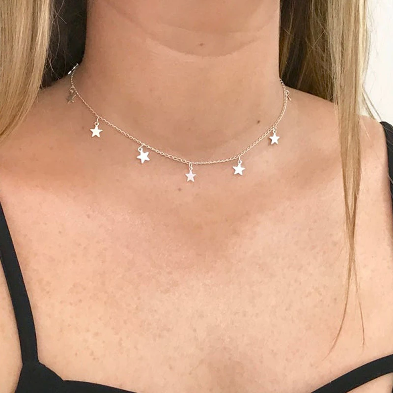 Шарм-звезда Серебрянное колье, чокер и позолоченная звезда Висячие многослойные ожерелья подарок для нее