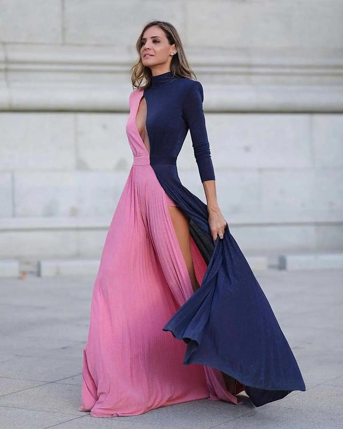 pink blue Элегантное винтажное платье, Осеннее офисное женское Новое сексуальное длинное платье контрастного цвета с прострочкой, с высокой талией, с разрезом - Цвет: pink blue