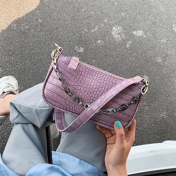 

Xiaozhongbao 2020 new crocodile pattern underarm bag chain shoulder messenger baguette bag purple portable small square bag