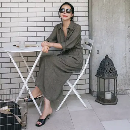

Long Sleeve New Style Cotton Linen Shirt Dress Women's Mid-length Korean-style Drawstring Waist Hugging Slimming Fashion Flax ch