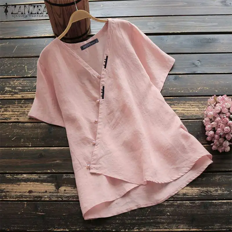 ZANZEA Summer Vintage Buttons Short Sleeve Shirt Women V neck Cotton Linen Blouse Robe Femme Work T