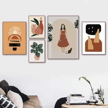 

Abstract Geometry Sun Plant Monstera Girl Wall Art Canvas Painting Nordic Posters And Prints Wall Pictures For Living Room Decor