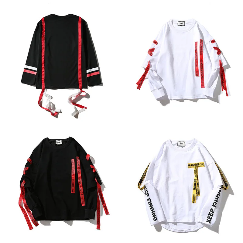 

2019 Fashion Trend Men Sweatshirt Fake Two Pieces Long Ribbon Loose Mens Streetwear O-Collar Comfortable Couple Wear Outdoors