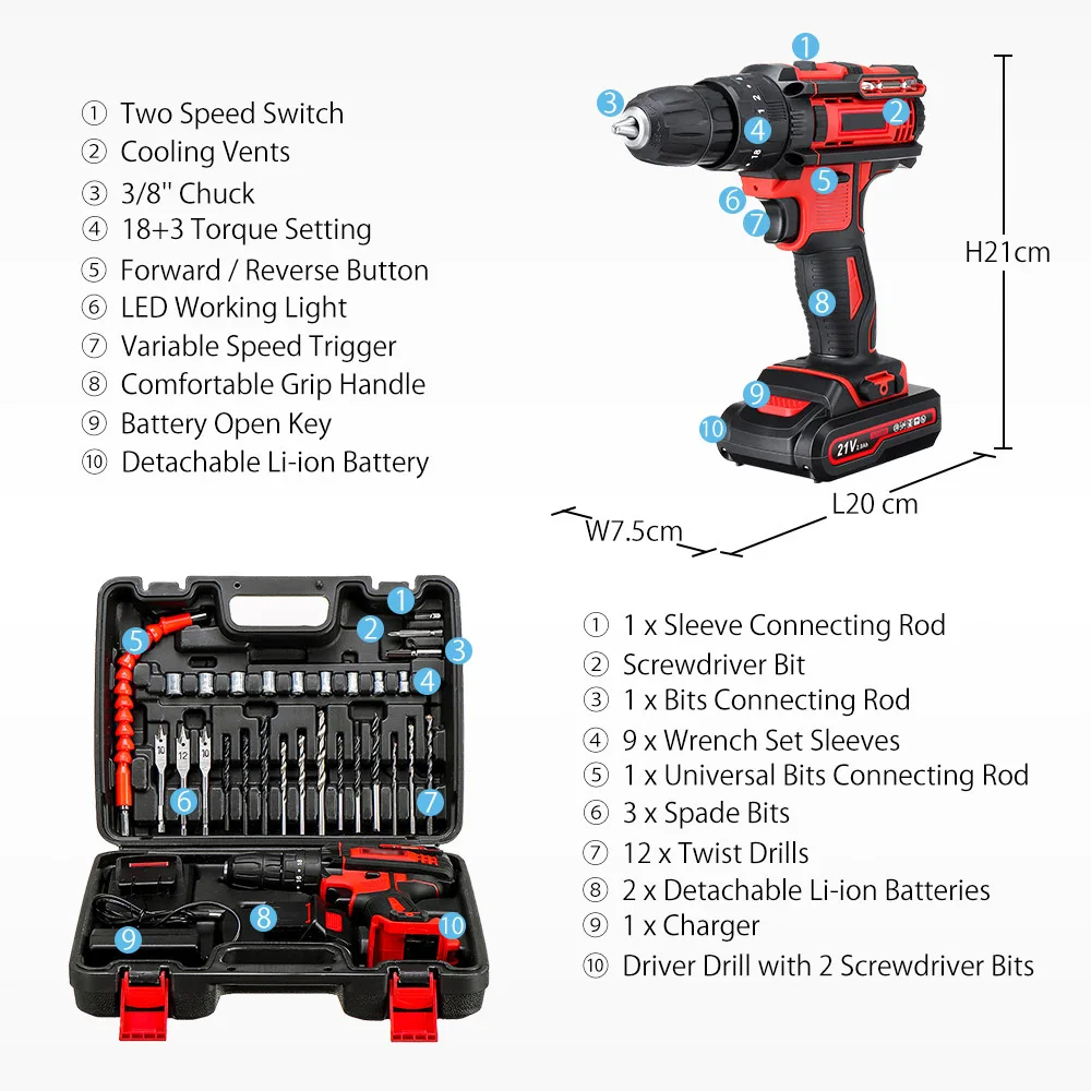 21V 3 In 1 Cordless Electric Drill 