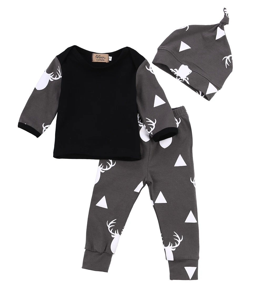 Newborn Baby Boys Clothes Set Black Color Deer Print Tops T-shirt +Pants+ Hat 3pcs Autumn Winter Chrismas Outfits 0-24M |