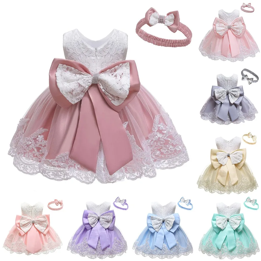 Кружевное торжественное платье-пачка принцессы с бантом для маленьких девочек+ повязка на голову, комплект одежды